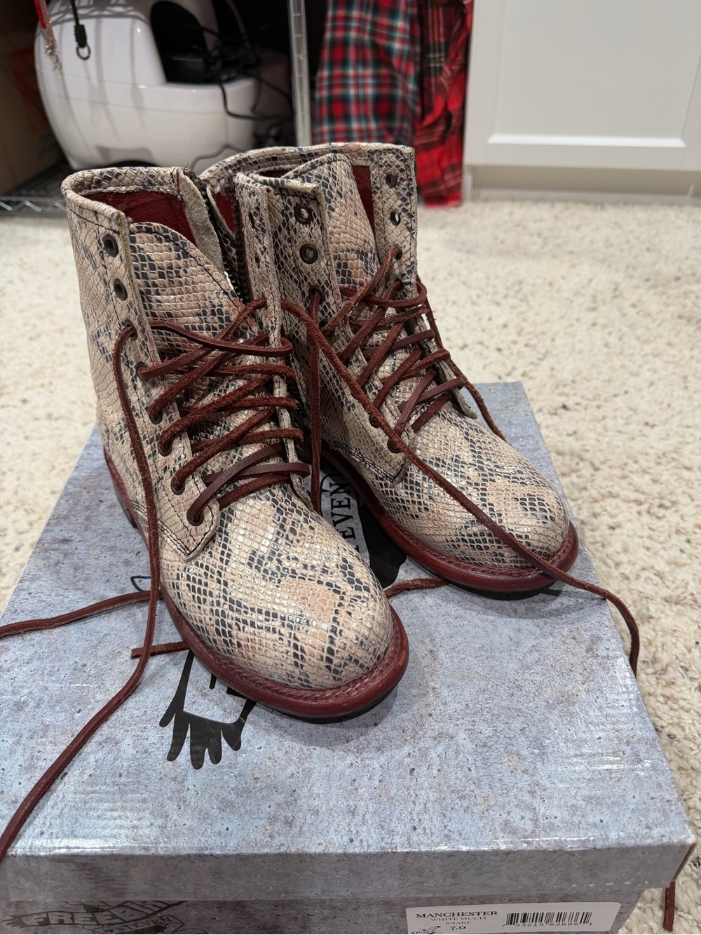 Freebird Manchester Snakeskin Lace-Up Ankle Boots in Beige and Red Trim